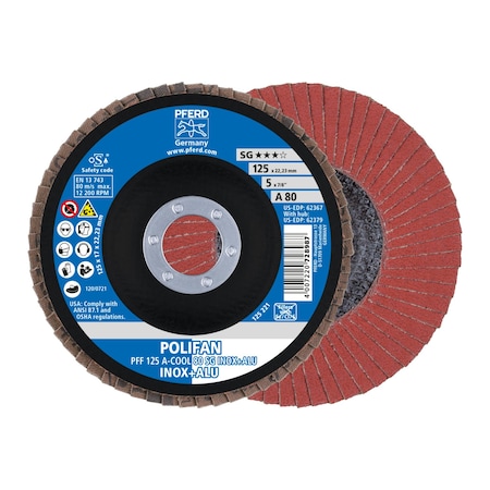 Pferd 5" x 7/8" A.H. POLIFAN Flap Disc - A-COOL SG INOX+ALU, Aluminum oxide, 80 Grit, Flat 62367